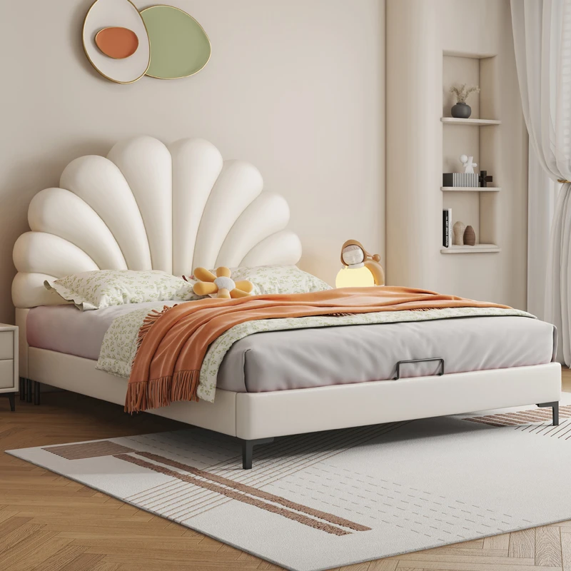 轻奢现代简约奶油风纳帕皮皮艺公主风女孩网红床主卧小户型花瓣床