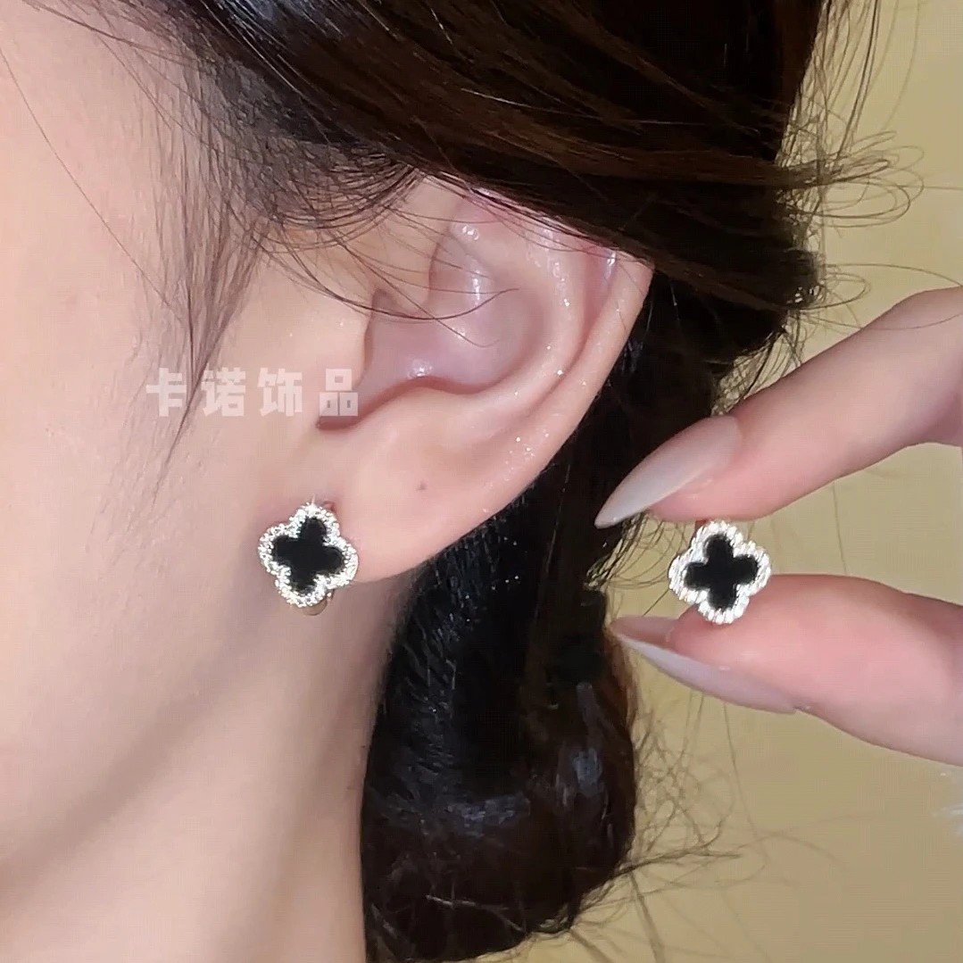 925银针耳饰 黑色幸运草耳环 时尚百搭耳环