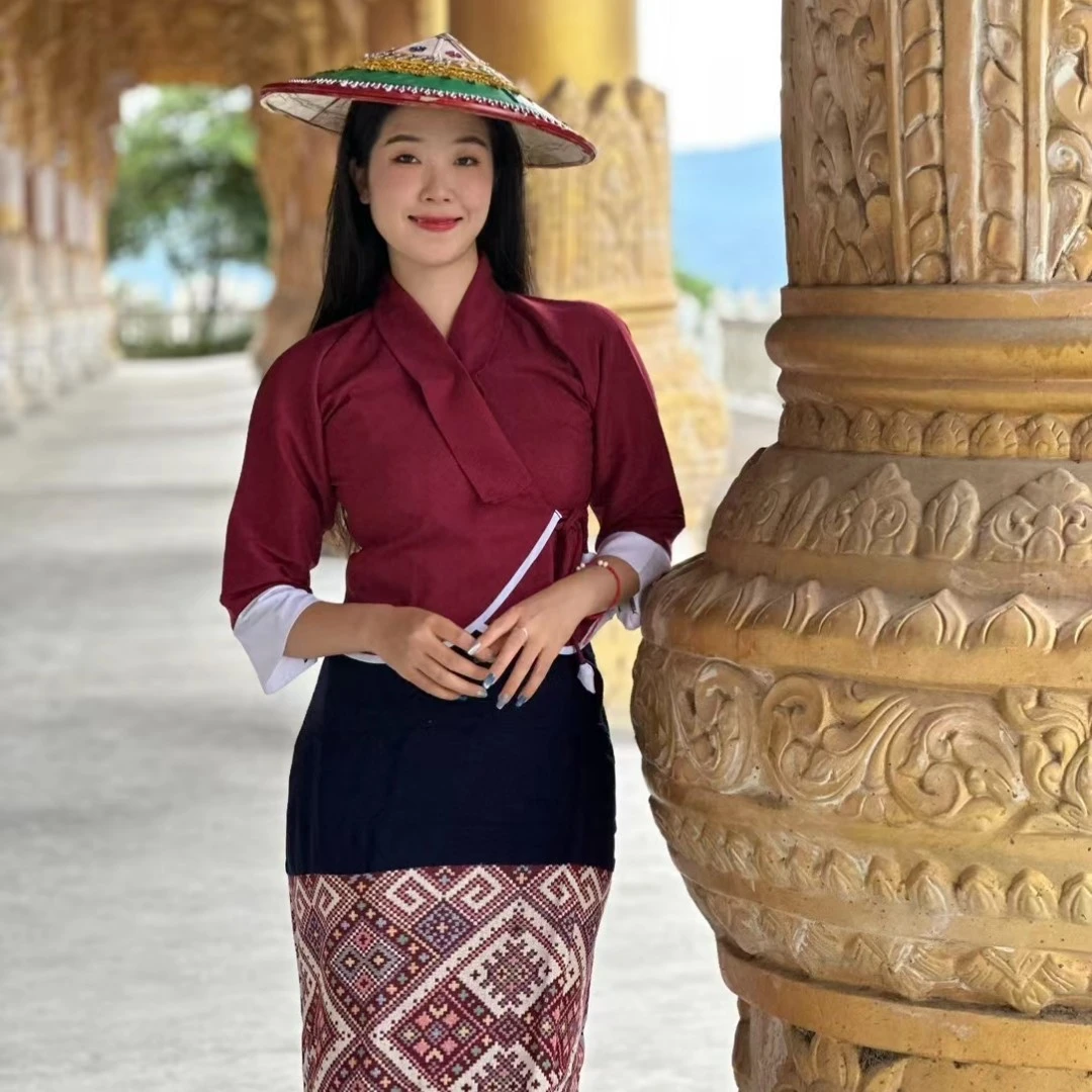 民族服装休闲时尚民族风长袖前扣上衣织布拼接筒裙现货成品女傣装