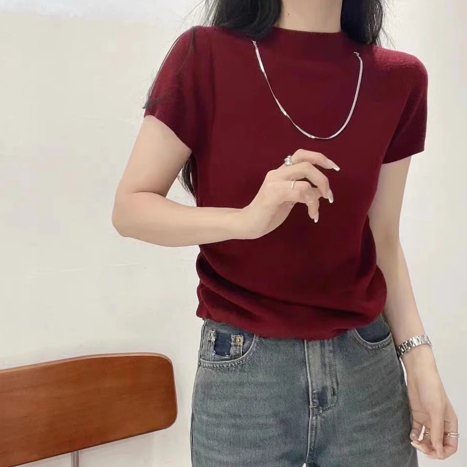 【气质针织】针织衫带项链春季新款半高领针织打底显瘦飞袖宽松时尚