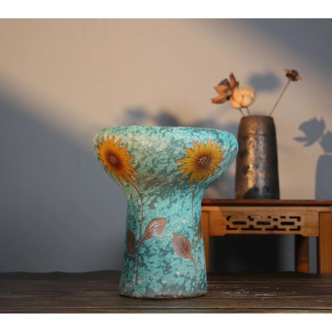 灿烂花盆陶瓷多肉绿植花盆小雏菊雕刻多肉花盆景德镇雕刻摆件手工