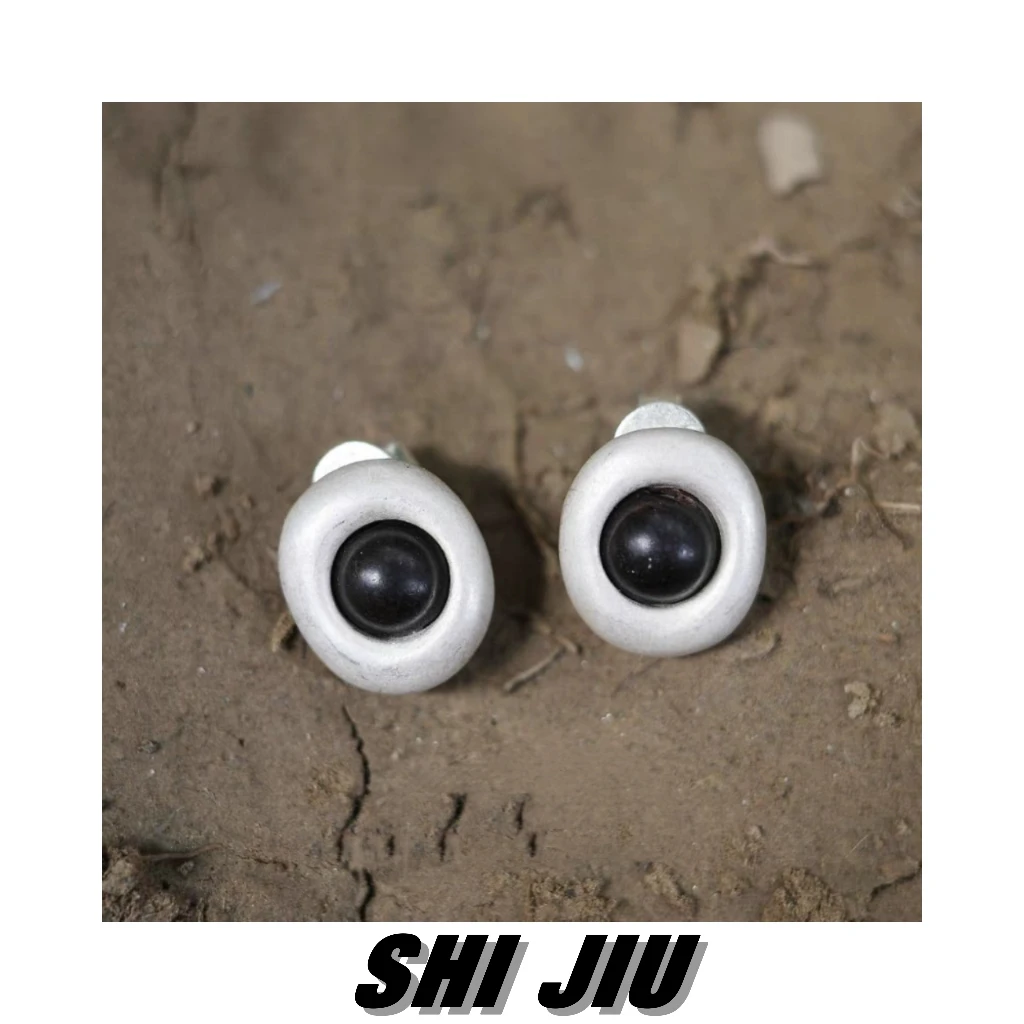 925银木质耳饰 纯银手工磨砂肌理质感小树洞耳钉