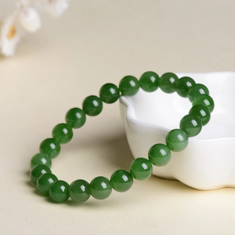 【壹仟熹珠宝】和田碧玉卡8MM 23珠阳绿冰底手链