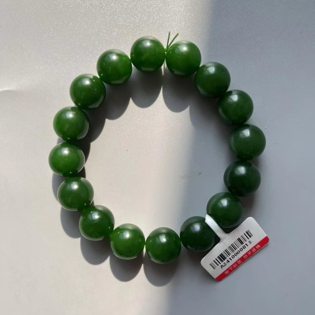【壹仟熹珠宝】和田碧玉卡13MM 16珠菠菜绿手链（七号矿）
