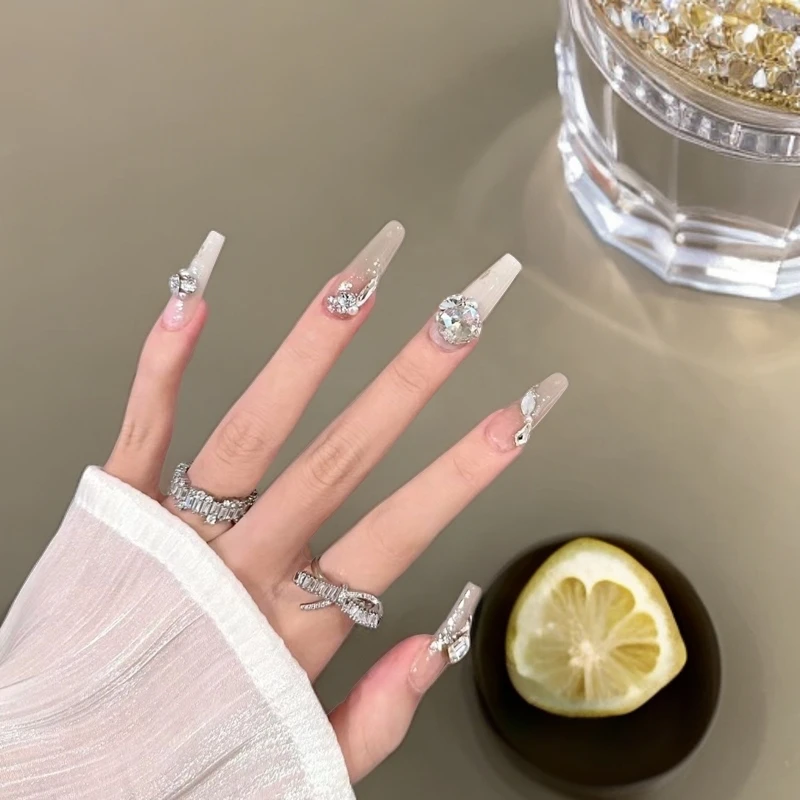 夏季爆闪美甲纯手工穿戴甲冰透碎钻长甲假指甲美甲穿戴甲片
