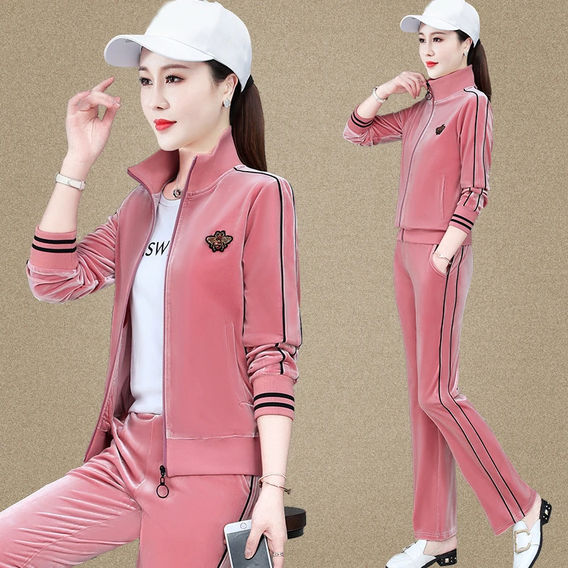金丝绒运动服套装女春秋季2025春装洋气中年女士休闲卫衣裤三件套