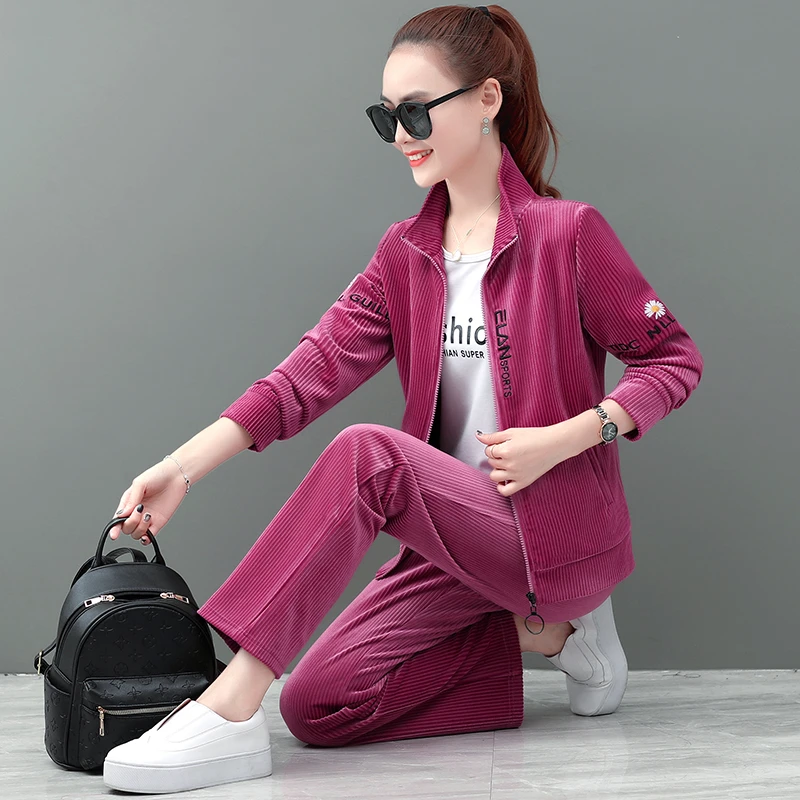 灯芯绒运动服套装女春秋立领时尚条绒开衫长袖韩版休闲卫衣三件套