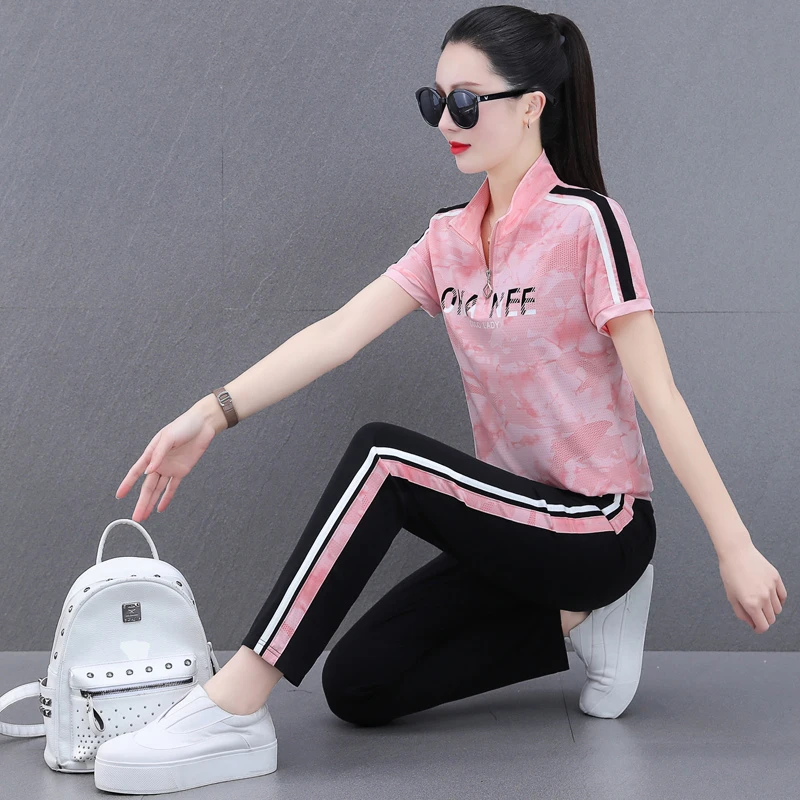 冰丝印花运动套装女夏季2024新款时尚短袖长裤透气洋气跑步两件套