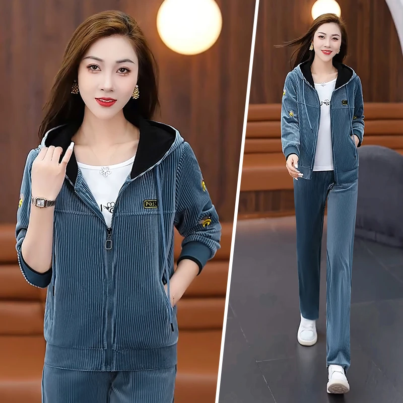 灯芯绒运动套装女春秋时尚金丝绒妈妈连帽休闲长袖洋气卫衣三件套