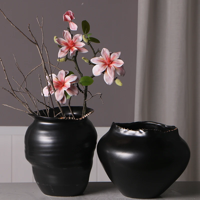 残缺美黑色景德镇陶瓷插花瓶大口径简约客厅中式花盆样板房软装饰