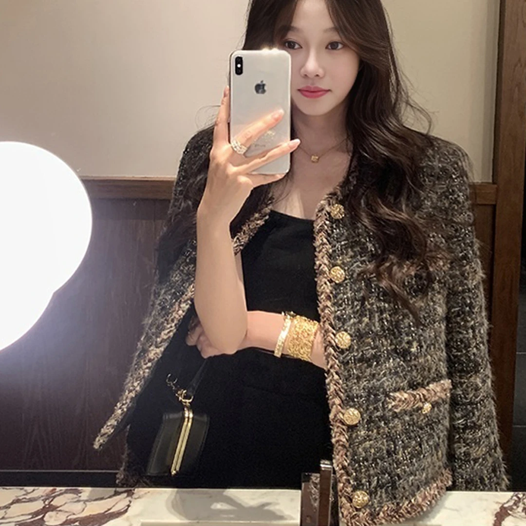 2025年秋冬新款韩版羊毛混纺粗花呢编织肌理感小香风短外套女上衣