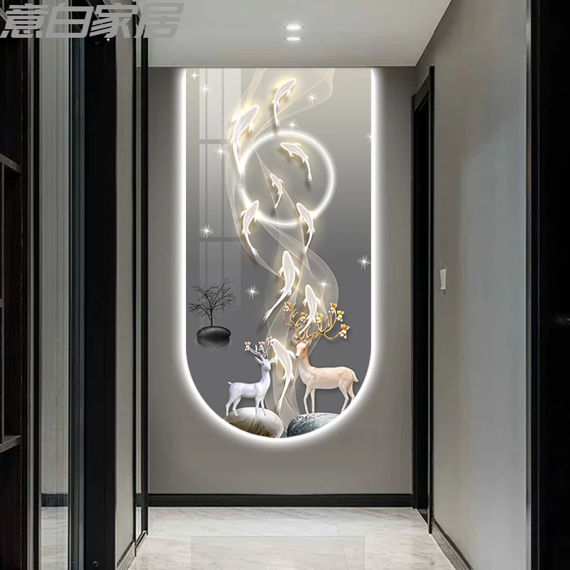 九鱼福鹿现代氛围灯玄关装饰画入户走廊过道挂画轻奢LED灯墙壁画