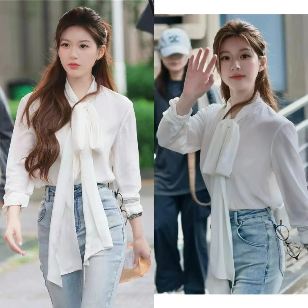 许我耀眼许妍赵露思同款白色系带飘带衬衫设计感别致通勤百搭上衣