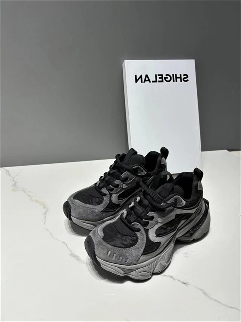 诗歌兰正品真皮女鞋2025秋冬新款厚底时尚拼色做旧老爹鞋运动鞋女