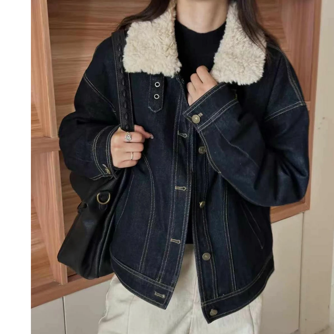 欧洲站欧货2024冬装新款牛仔显瘦款水洗加绒加厚单排扣牛仔外套女