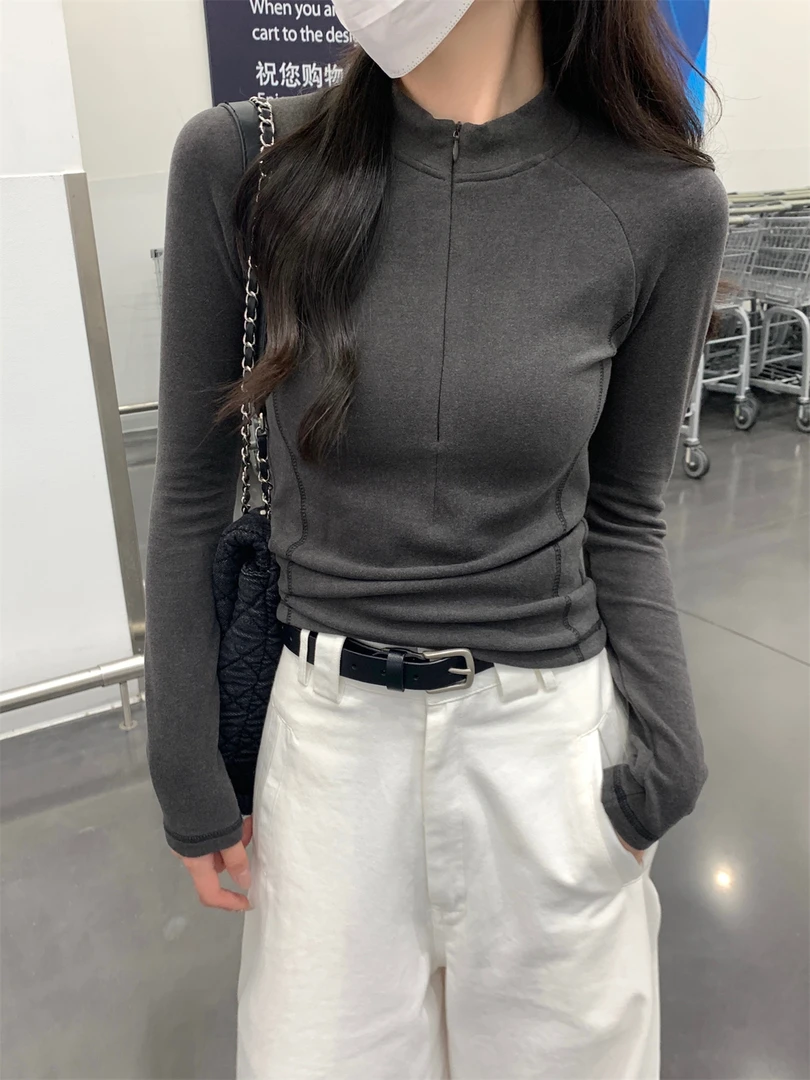 磨毛加绒紧身拉链打底衫女2025新款秋冬季长袖半高领内搭T恤上衣