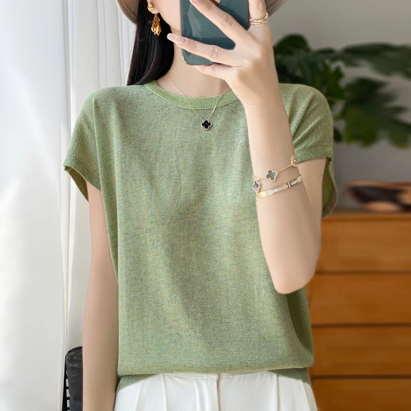 圆领冰感短袖显瘦气质时尚休闲百搭夏季镂空宽松复古春夏薄款提花