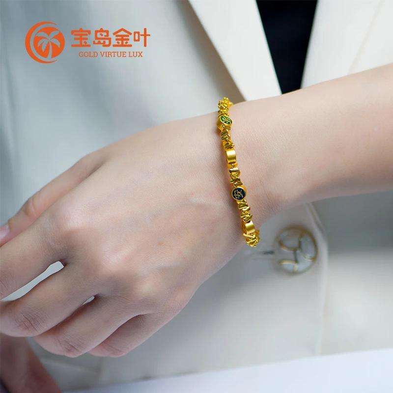 足金999黄金3D古法珐琅彩平安喜乐碎金块手链精致礼物