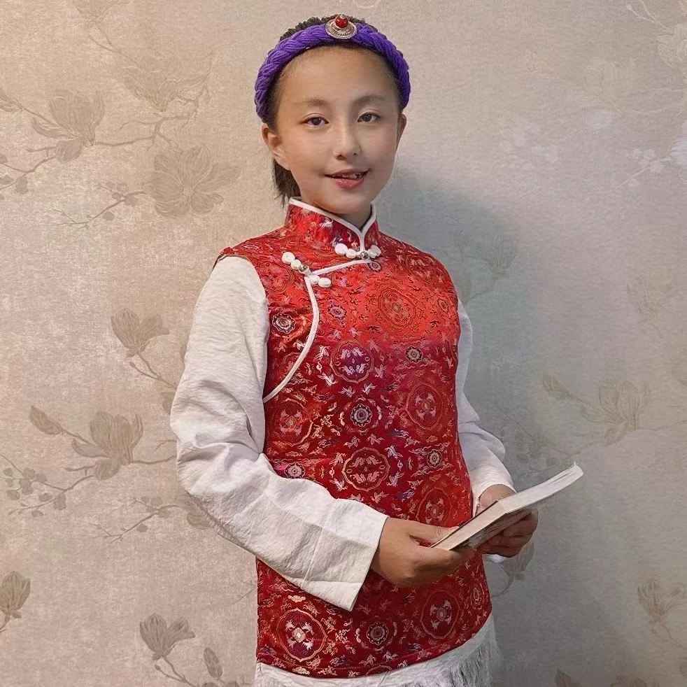 男女孩儿童立领假两件花边传统藏式藏族服装搭配开衫上衣衬衣外搭
