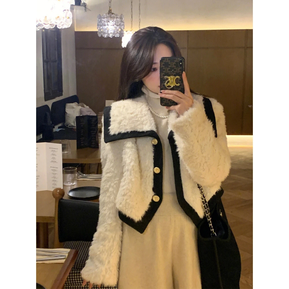 小香风仿羊羔毛外套女撞色小个子冬季加厚气质娃娃领毛毛上衣短款