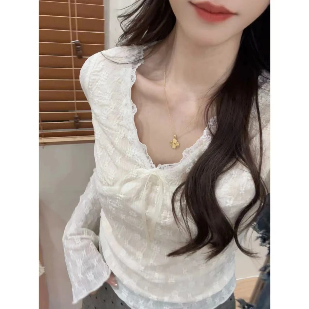 【半糖】法式百搭设计感小众绑带蕾丝上衣打底衫女