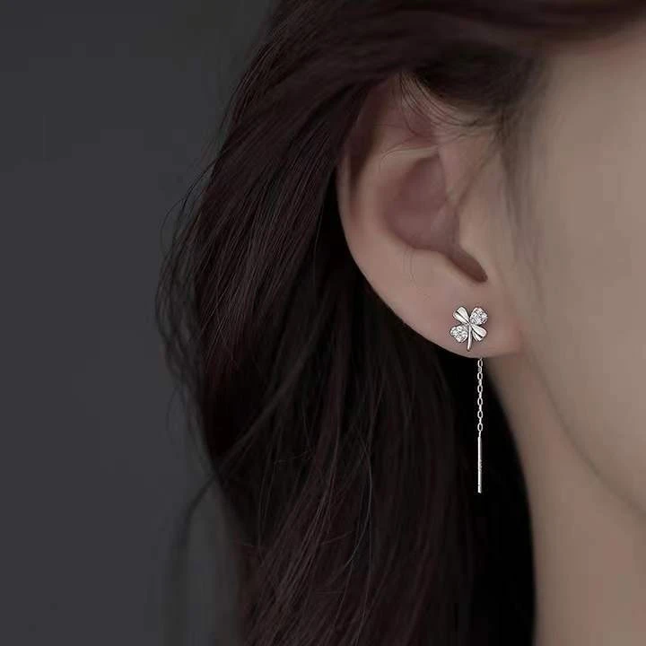 925银合成锆石耳饰 s925纯银四叶草耳线网红高级耳骨钉ins风耳环