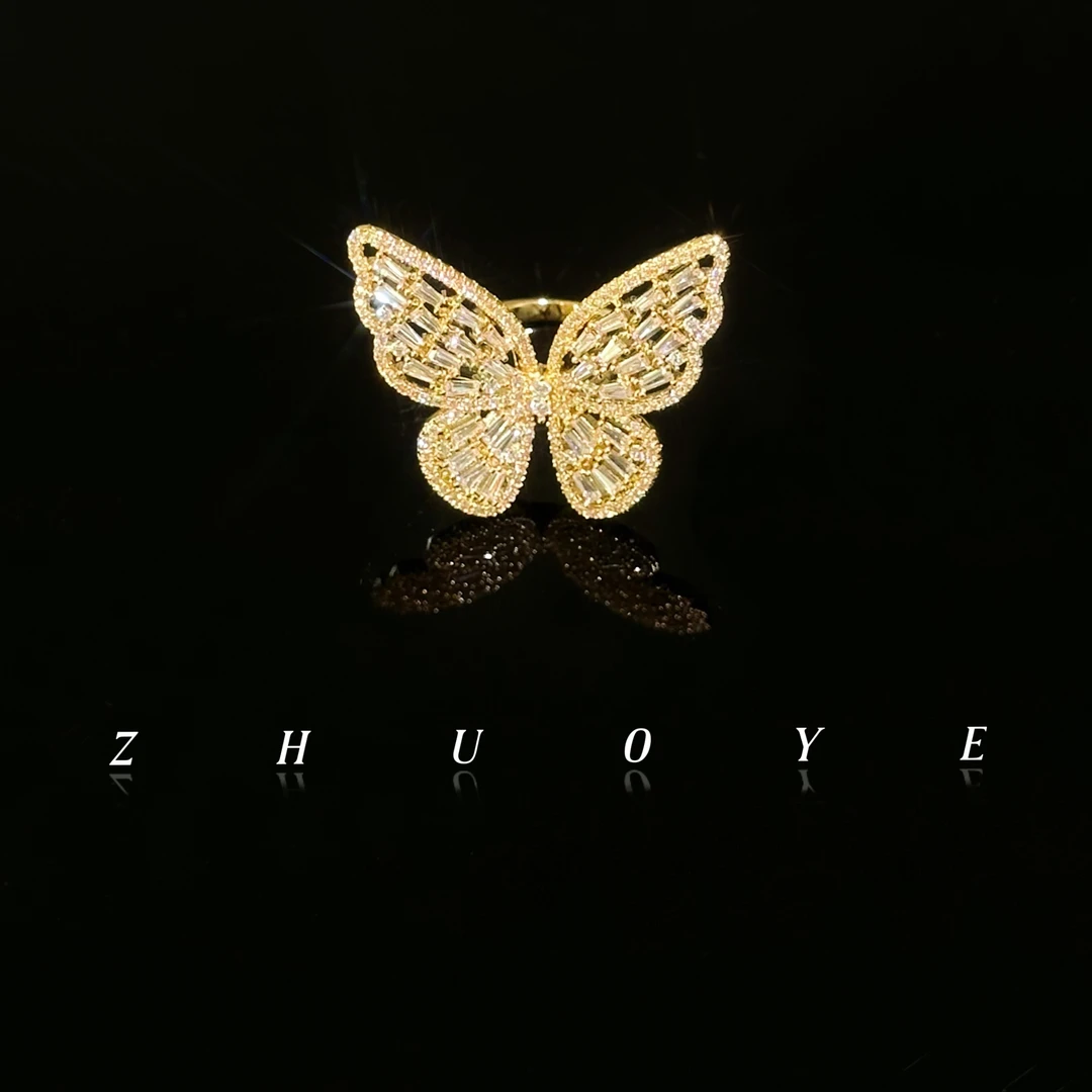 铜合金戒指 灼晔·镂空蝴蝶镶钻夸张戒指 仙气时尚超闪