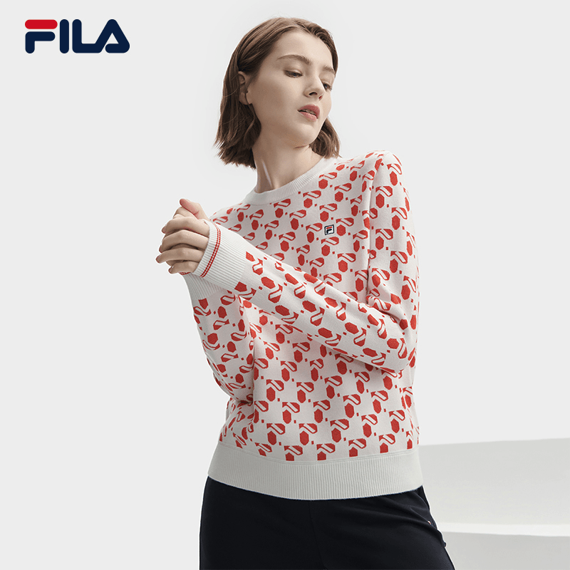 FILA 斐乐女子编织衫2023冬新款运动休闲爱心满印休闲毛衣