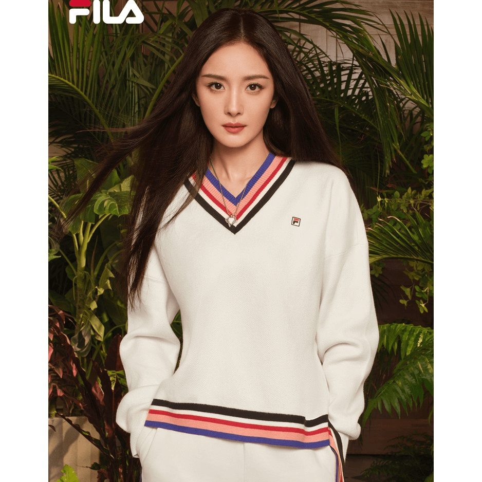 【杨幂同款】FILA 斐乐官方女编织衫2024春新下摆流苏舒适V领毛衣