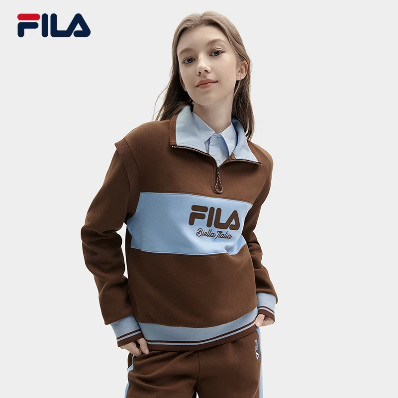 FILA 斐乐官方女子套头卫衣2024春新款时尚撞色翻领针织长袖上衣