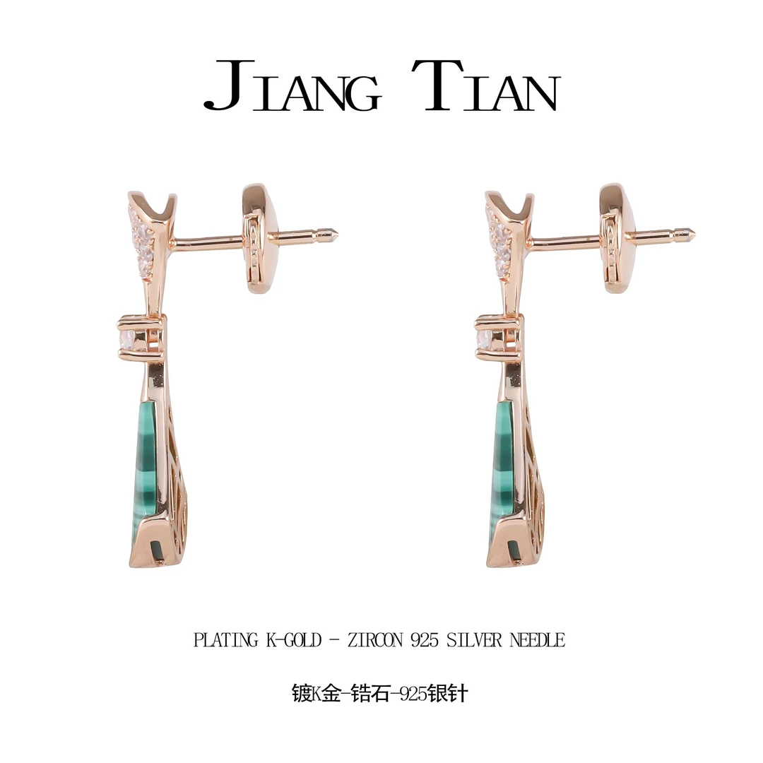 铜合金石英石耳饰 CNC精工 锆石绿色设计师长款耳钉  E4057