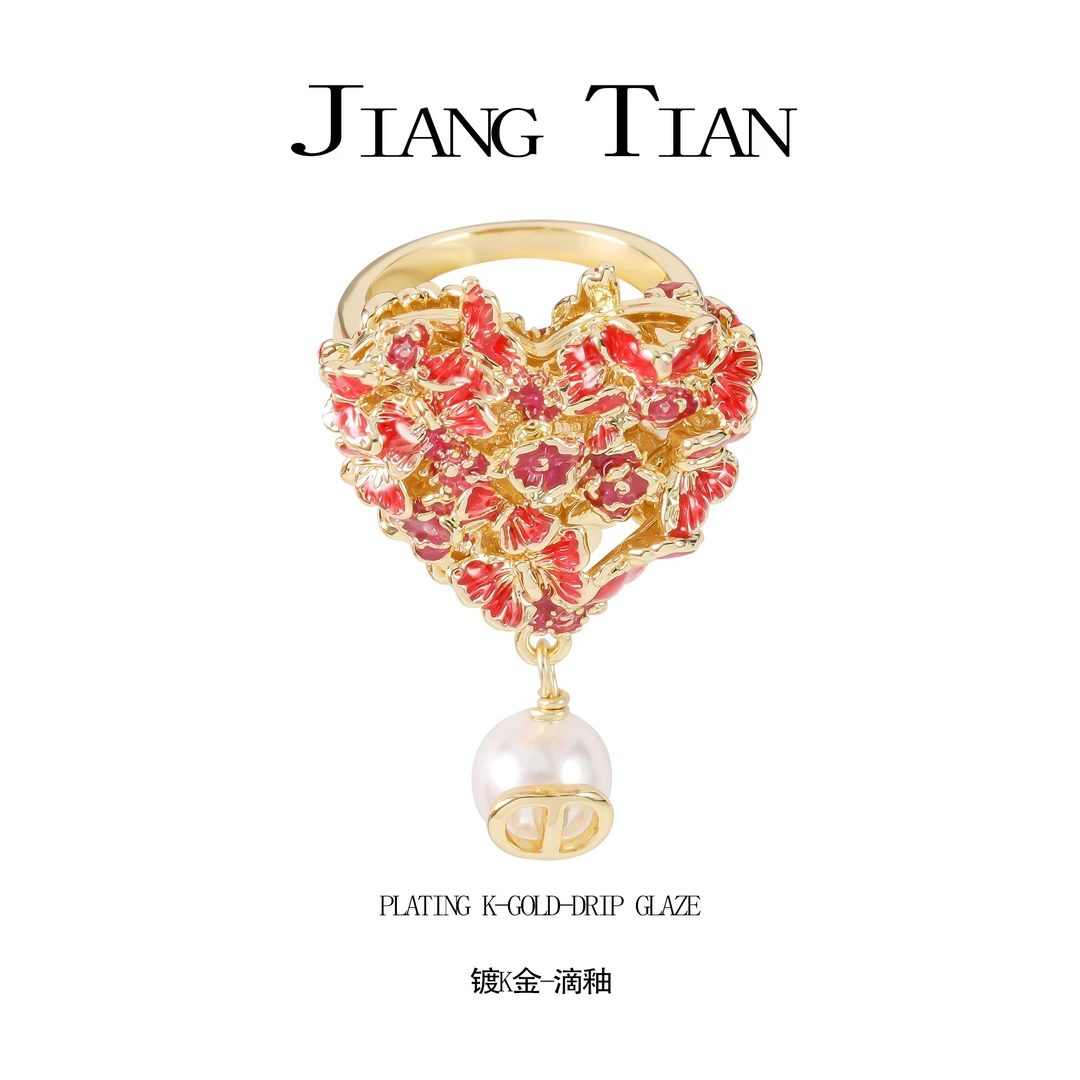 铜合金仿珍珠戒指 滴釉甜美气质轻奢时尚可爱红色戒指  2606