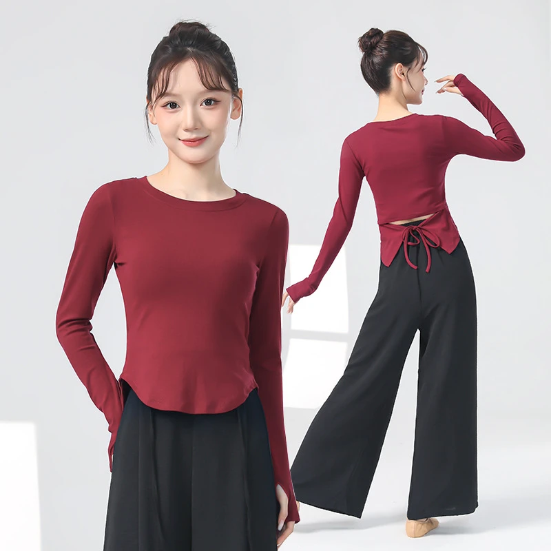 新现代舞蹈服女圆领练功服修身显瘦设计感形体j健身瑜伽套指上衣