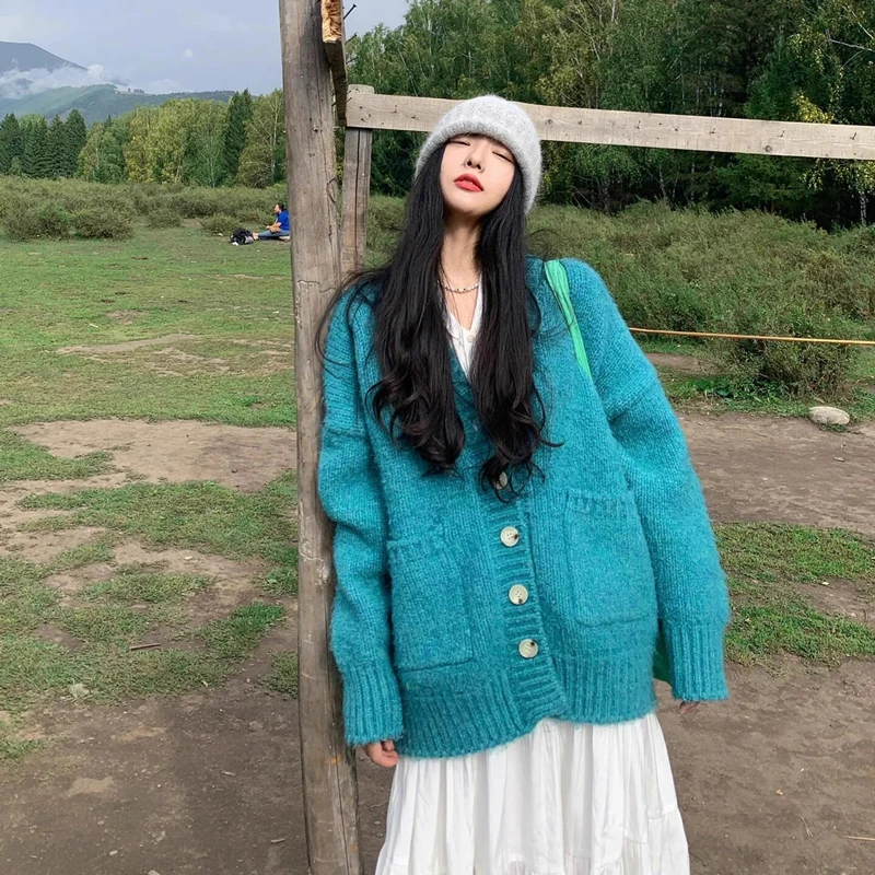 韩系慵懒风宽松洋气新款开衫女秋冬中长款遮屁股软糯毛衣外套上衣