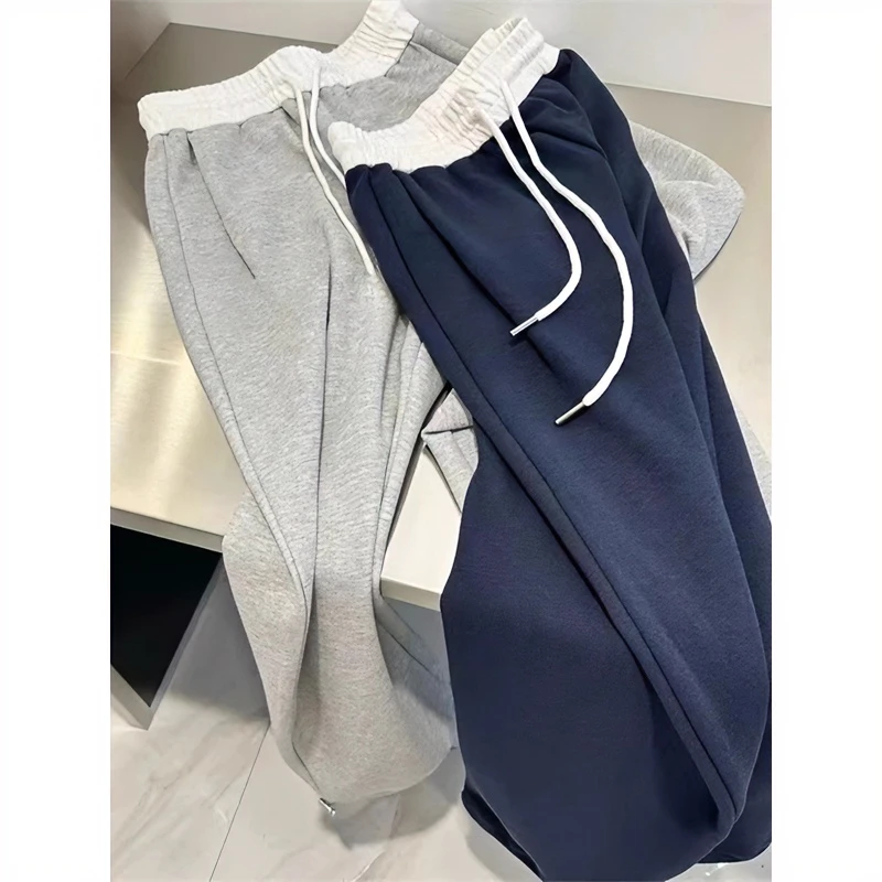 撞色拼接松紧腰头抽绳运动阔腿裤女秋冬宽松休闲束脚卫裤直筒裤子