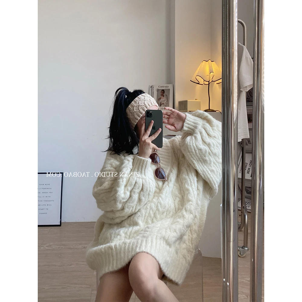 宽松慵懒软糯中长款v领下半身失踪麻花毛衣女秋冬加厚针织衫上衣