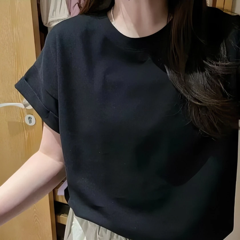 嫣奢设计感正肩小飞袖纯色短袖t恤女夏季微胖mm宽松显瘦百搭上衣