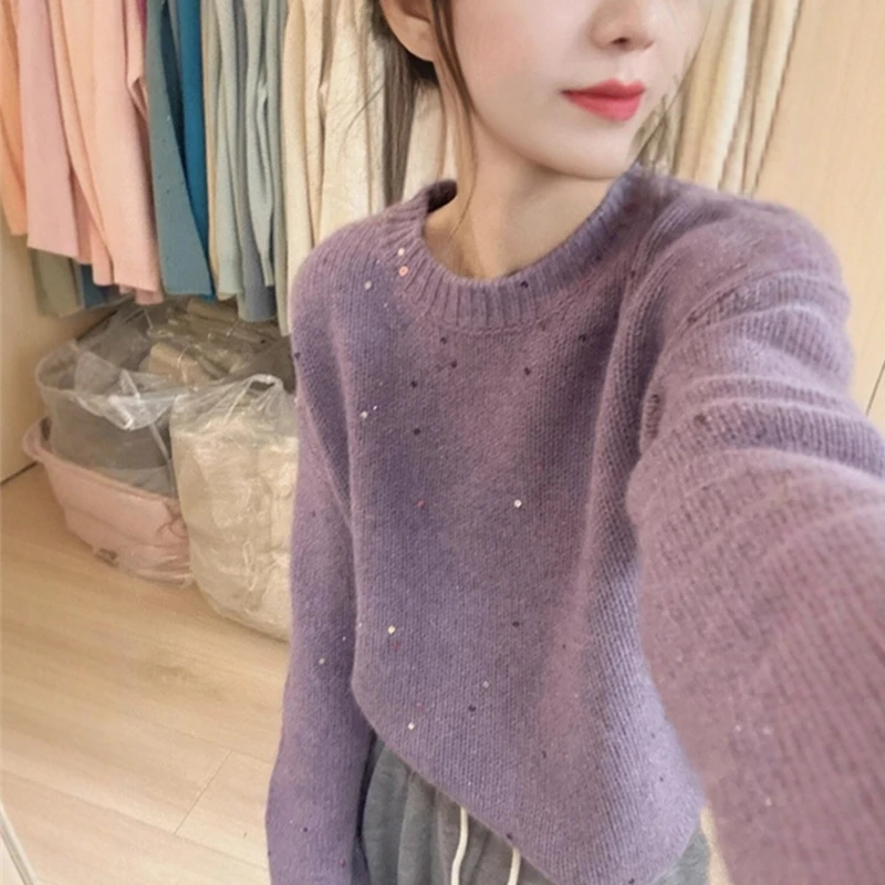 温柔风软糯紫色长袖圆领毛衣女秋冬奶fufu慵懒内搭打底针织衫上衣