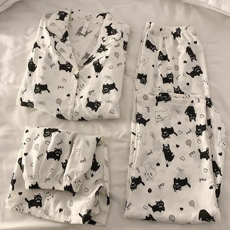 【小黑猫短袖三件套】云朵棉睡衣女短袖短裤长裤夏季薄款卡通家居服