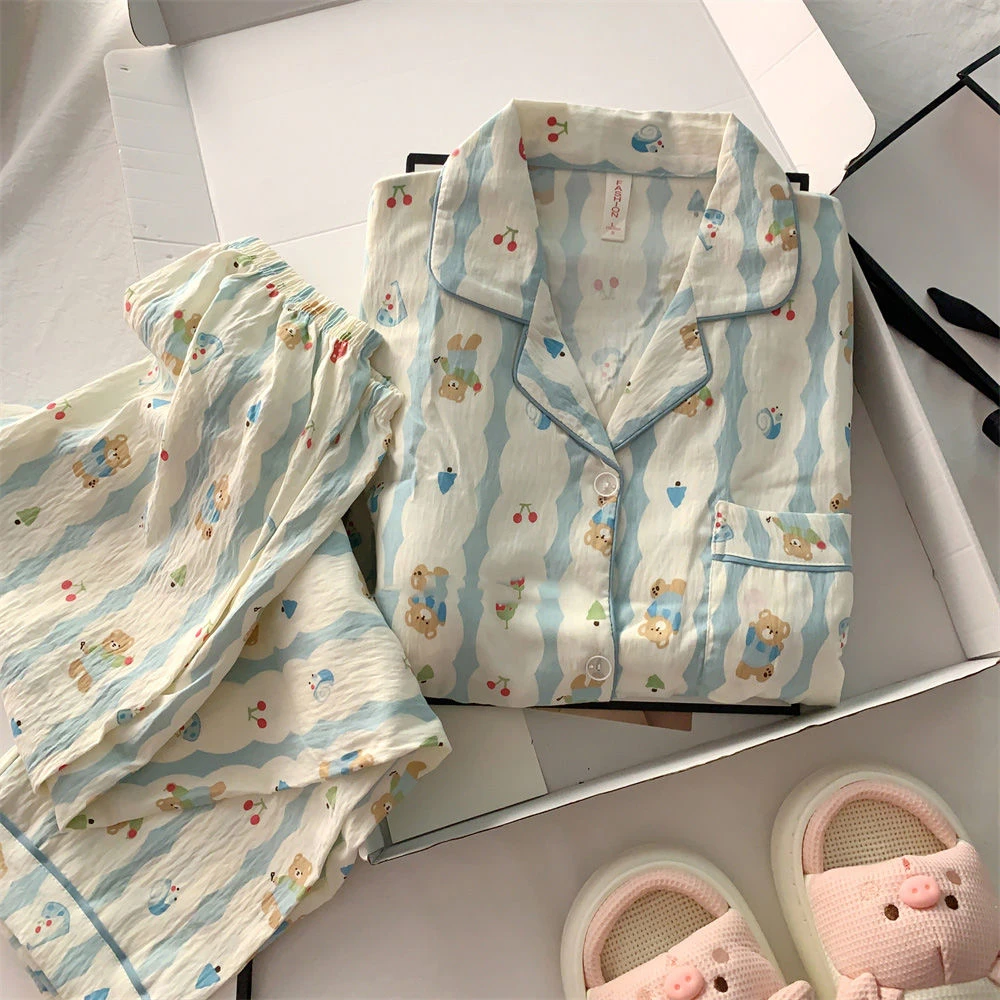云朵棉长袖款蓝色樱桃小熊睡衣女春秋季卡通休闲开衫长裤家居服