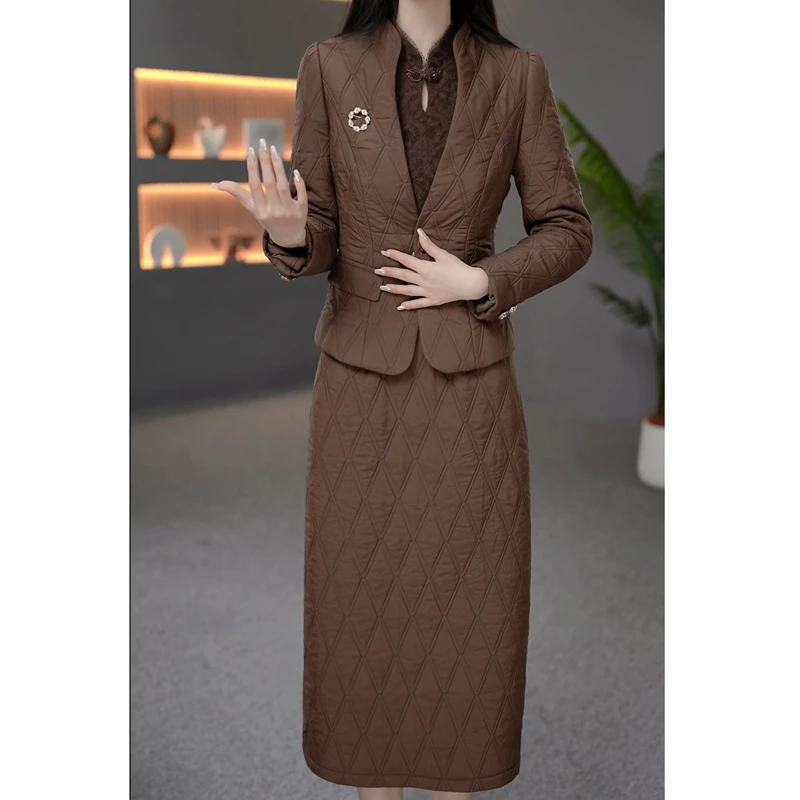 加棉加厚新中式改良旗袍西装连衣裙女两件套气质修身职业套装裙子