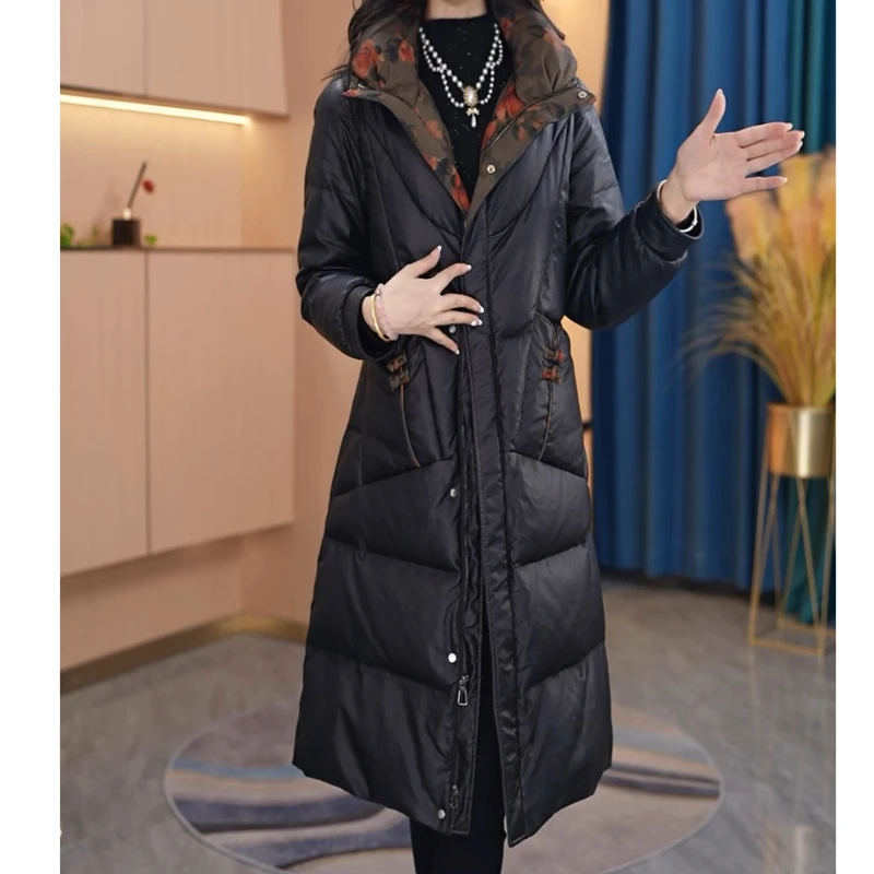 洋气加厚防水免洗皮保暖羽绒服女士中长款2024冬季新款白鸭绒外套