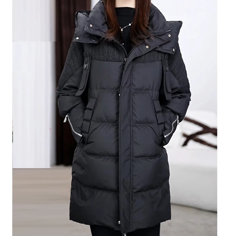 小个子防水免洗轻便保暖羽绒服女士中长款气质连帽加厚白鸭绒外套