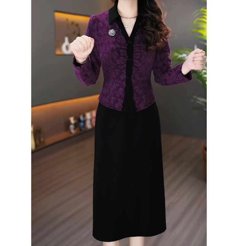 洋气妈妈长袖加绒加厚假两件拼接蕾丝连衣裙女秋冬装大码遮肚裙子