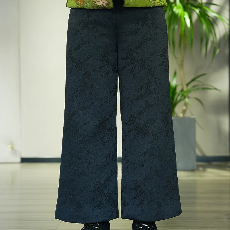 K029黑色腊梅花直筒裤百搭春秋中式国风新中式时尚复古气质秋冬