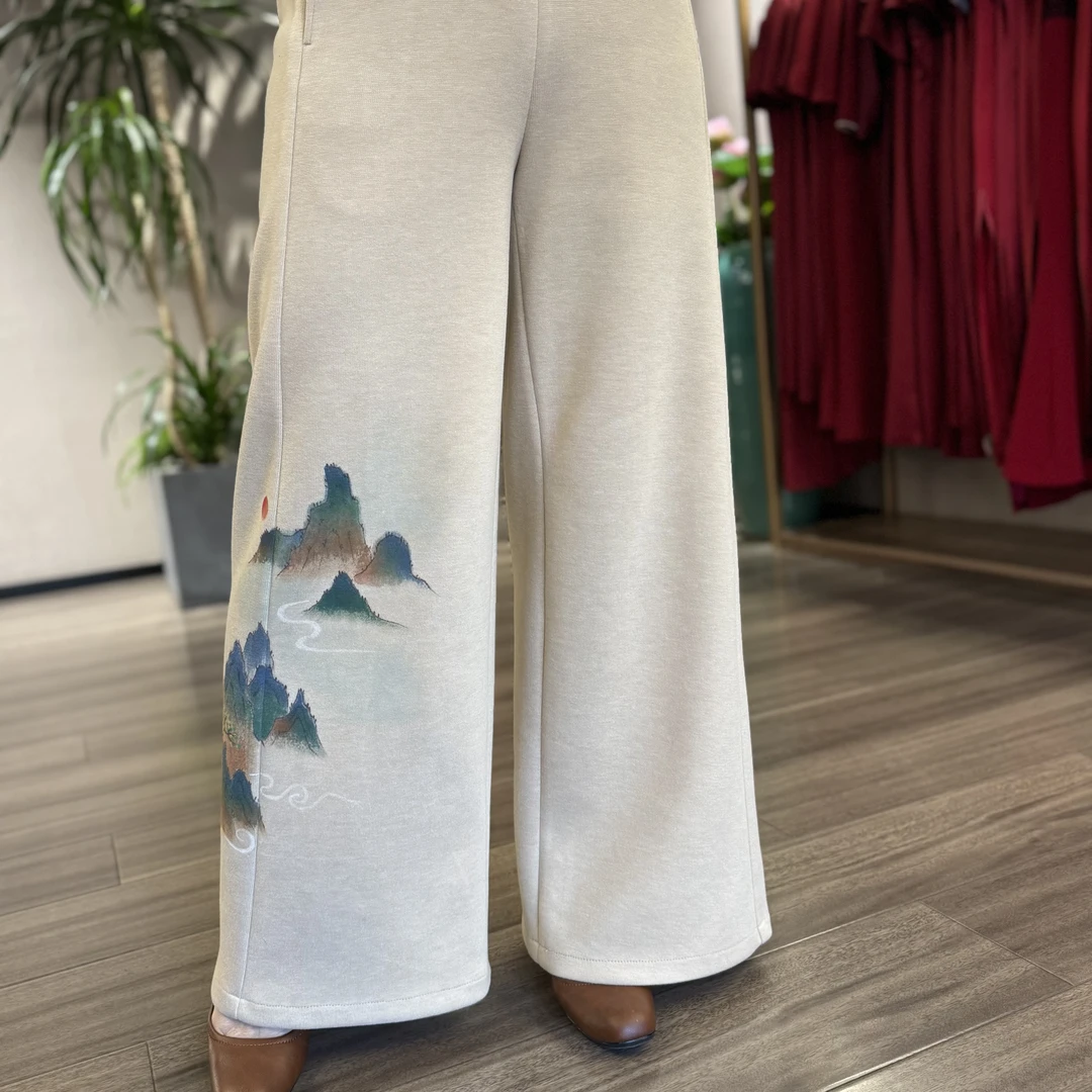 K086-1手绘千里江山杏色双面阔腿裤百搭民族风休闲中式宽松