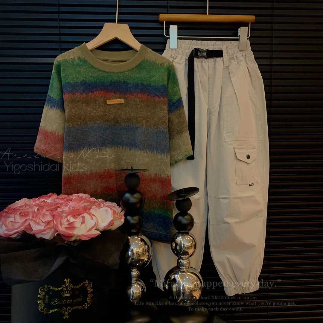 儿童短袖T恤时尚中大童男童韩版条纹短袖彩色扎染短T恤男女童套装