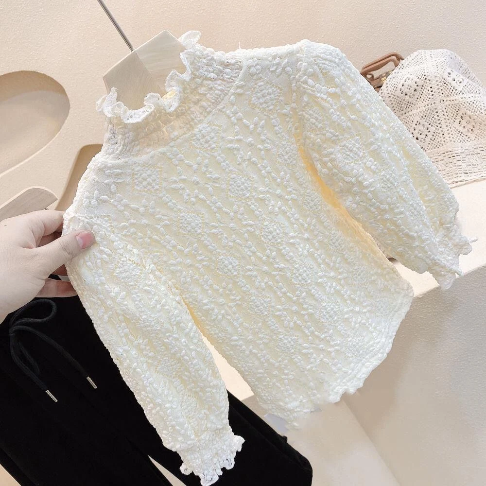 女童打底衫2022春装新款女童洋气花边高领加绒蕾丝打底衫潮100%