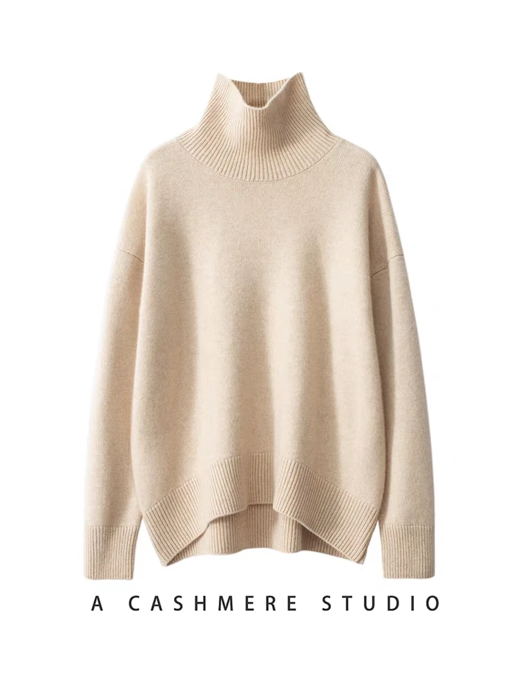 王菲同款纯山羊绒女高领休闲慵懒款加厚针织打底衫