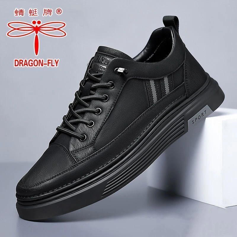 正品蜻蜓牌男鞋2024春秋新款软底加绒休闲潮流百搭运动皮鞋男板鞋